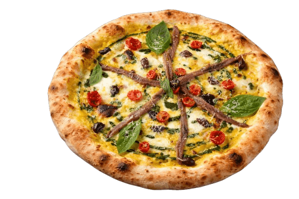 Sonrisa pizza at La Sonrisa in Arrecife: yellow cherry tomato cream, semi-dried red tomatoes, anchovies, Taggiasca olives and basil